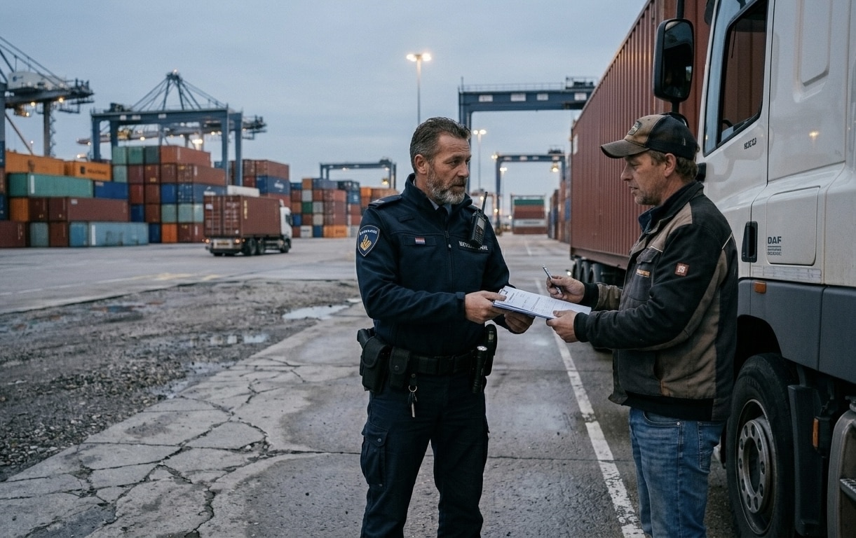 Beveiliger in uniform controleert vervoersdocumenten bij een vrachtwagen op een containerterminal